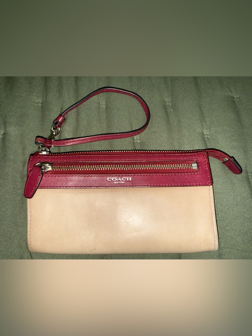 Coach Two-Tone Leather Wristlet — Wine and Beige